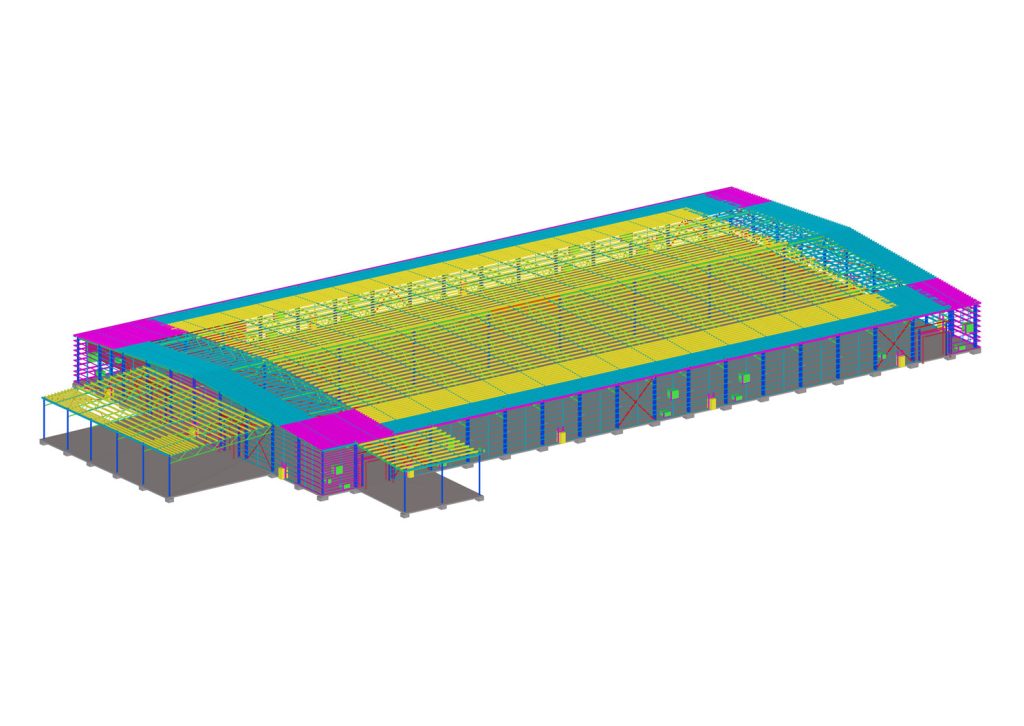 3D model of a warehouse featuring a spacious roof, showcasing its structural design and layout.