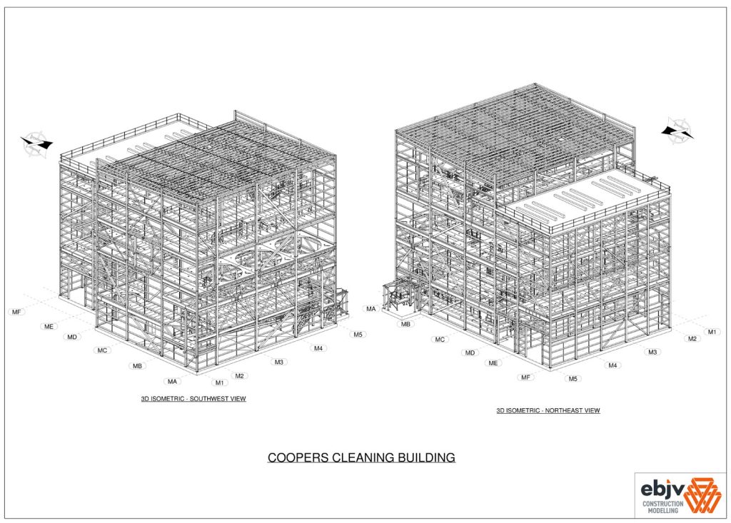 Illustrations of a building with scaffolding, showcasing the construction process and temporary support structures.