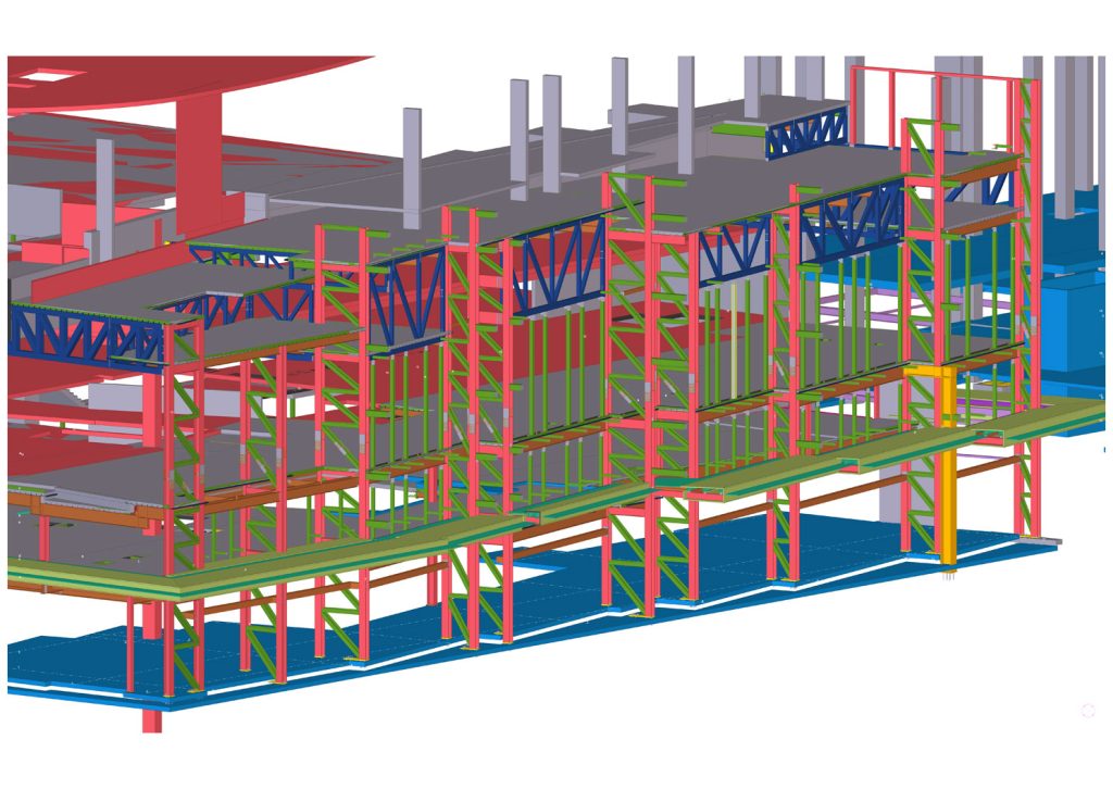 3D rendering of a building surrounded by extensive scaffolding, showcasing construction progress and structural support.