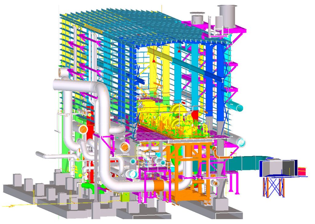 A digital rendering of a large structure featuring an extensive network of pipes and industrial tubing throughout its design.