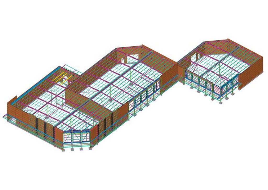 3D model of a modern building featuring a prominent large window, showcasing architectural design and structure.